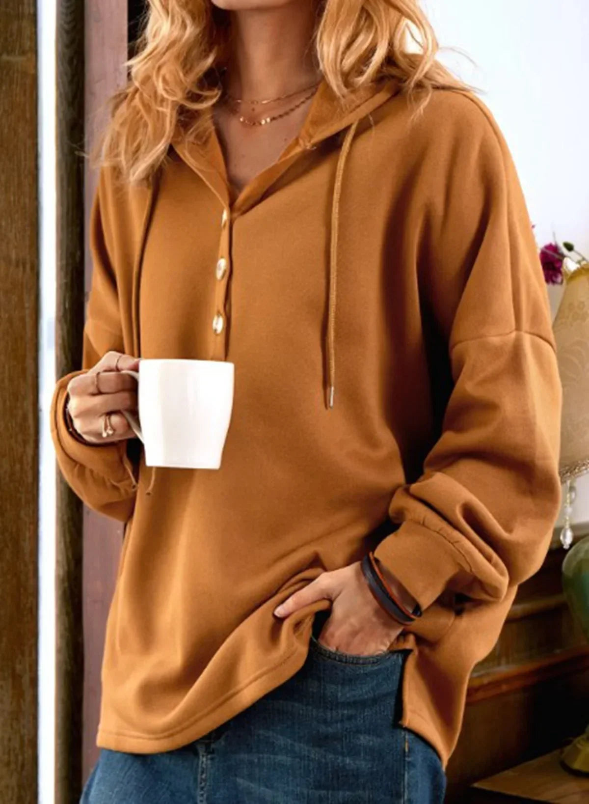 Sweatshirts & Hoodies- Caramel Cozy Hoodie Loose Fit Sweatshirt- Brown- IndioGear.com