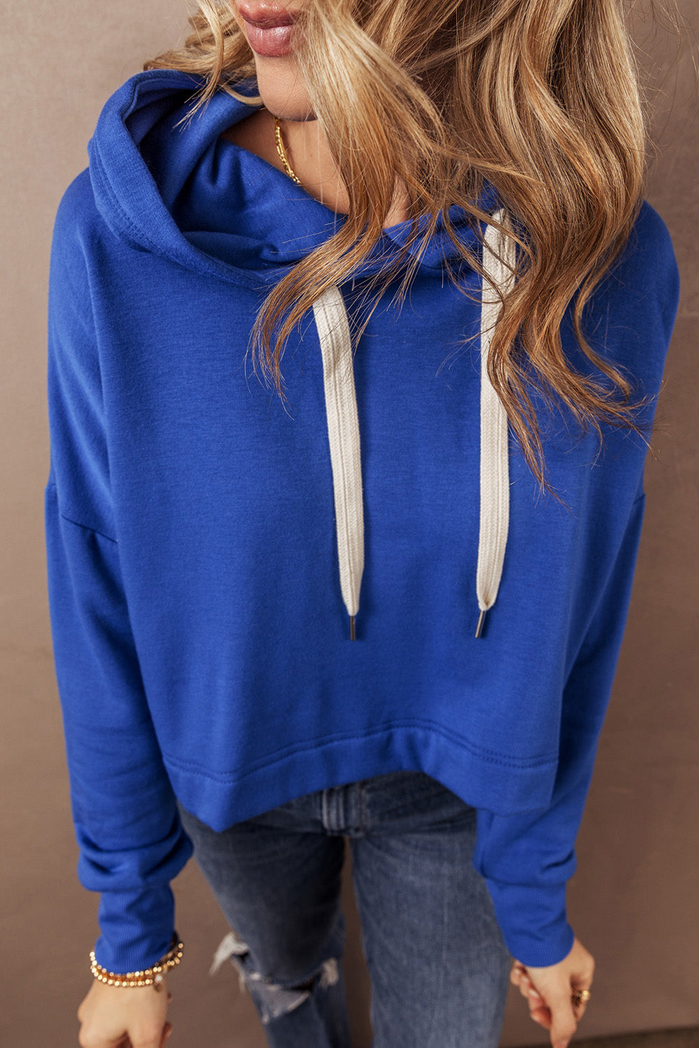 Sweatshirts & Hoodies- Cropped Hoodie with Drawstring Style- - IndioGear Women Clothing