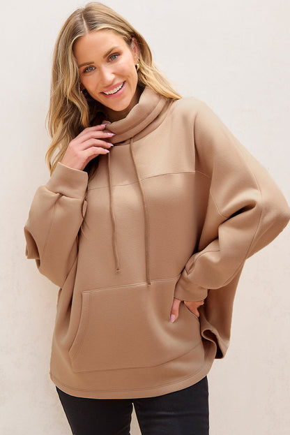 Sweatshirts & Hoodies- Dolman Sleeve Sweatshirt Drawstring Turtleneck Fall Pullover- Light French Beige- IndioGear Women Clothing