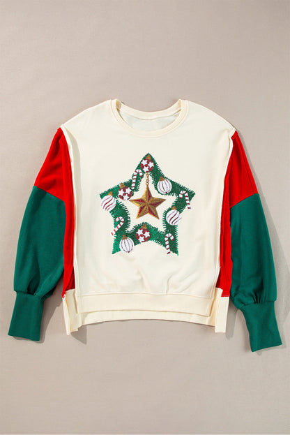 Sweatshirts & Hoodies- Festive Tinsel Star Colorblock Christmas Sweatshirt- - IndioGear Women Clothing