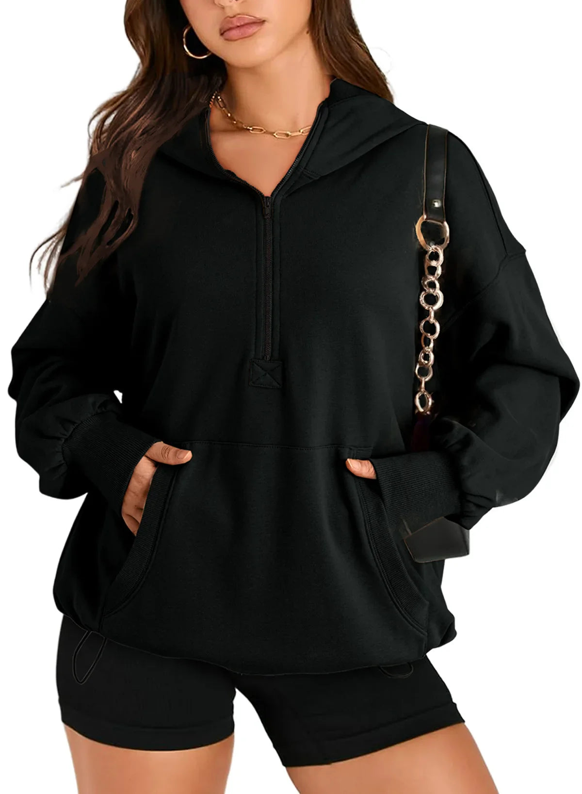 Sweatshirts & Hoodies- Kangaroo Pouch Half Zip up Women Hoodie- Black- IndioGear.com