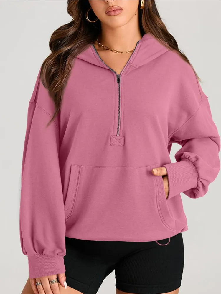 Sweatshirts & Hoodies- Kangaroo Pouch Half Zip up Women Hoodie- - IndioGear.com