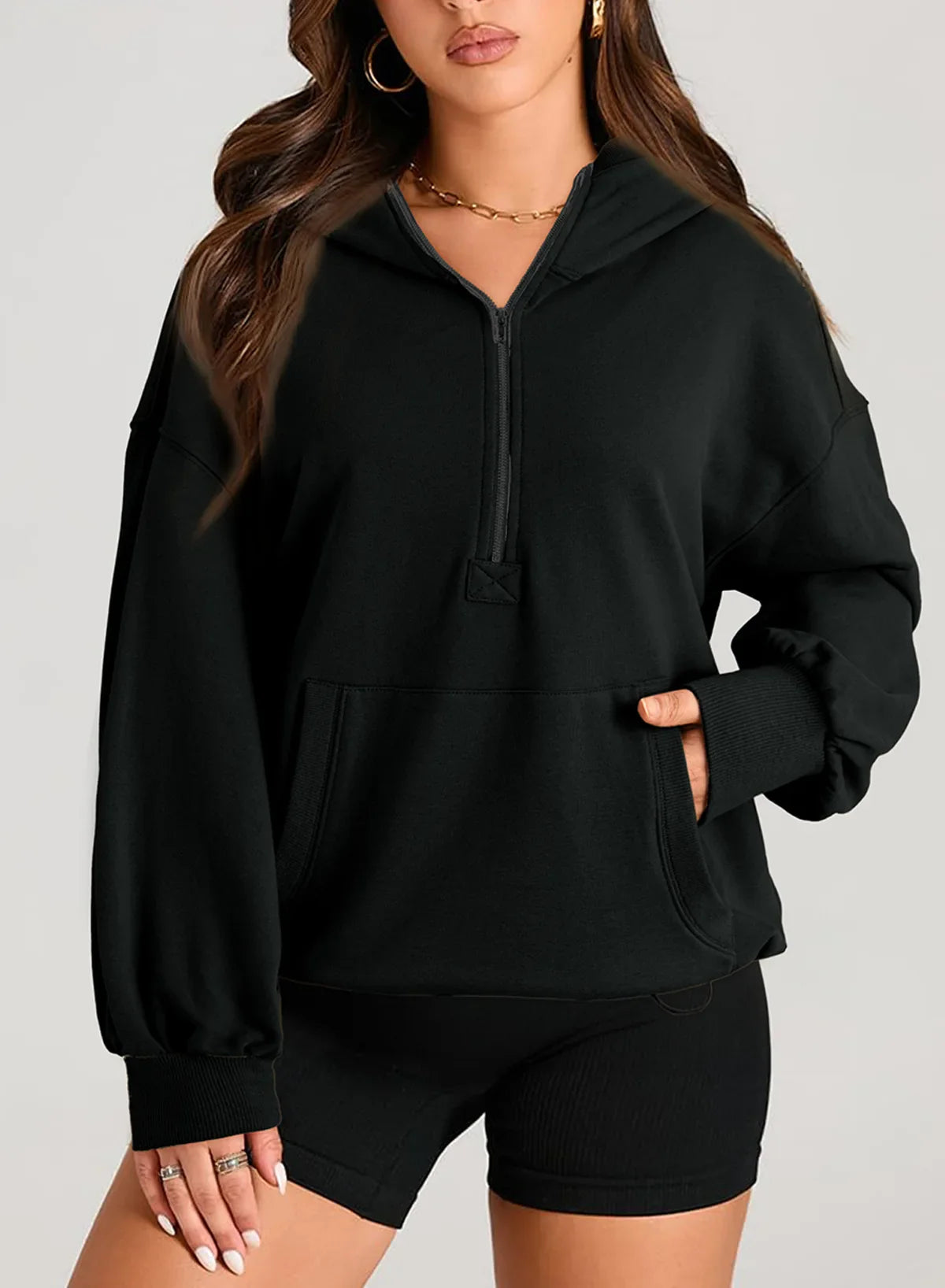 Sweatshirts & Hoodies- Kangaroo Pouch Half Zip up Women Hoodie- - IndioGear.com