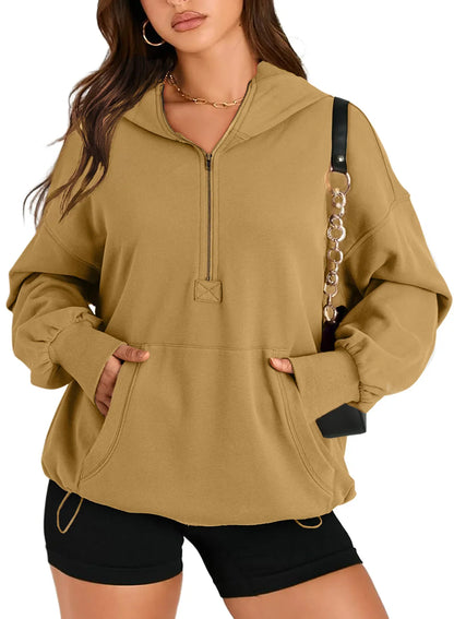 Sweatshirts & Hoodies- Kangaroo Pouch Half Zip up Women Hoodie- - IndioGear.com