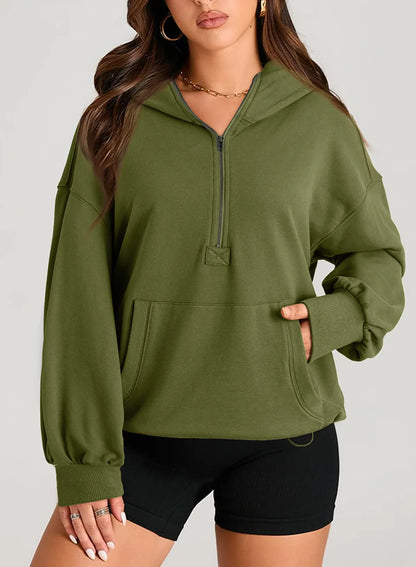 Sweatshirts & Hoodies- Kangaroo Pouch Half Zip up Women Hoodie- - IndioGear.com