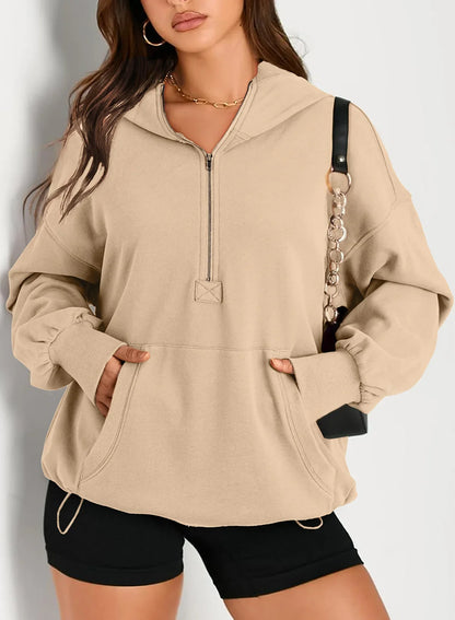 Sweatshirts & Hoodies- Kangaroo Pouch Half Zip up Women Hoodie- - IndioGear.com