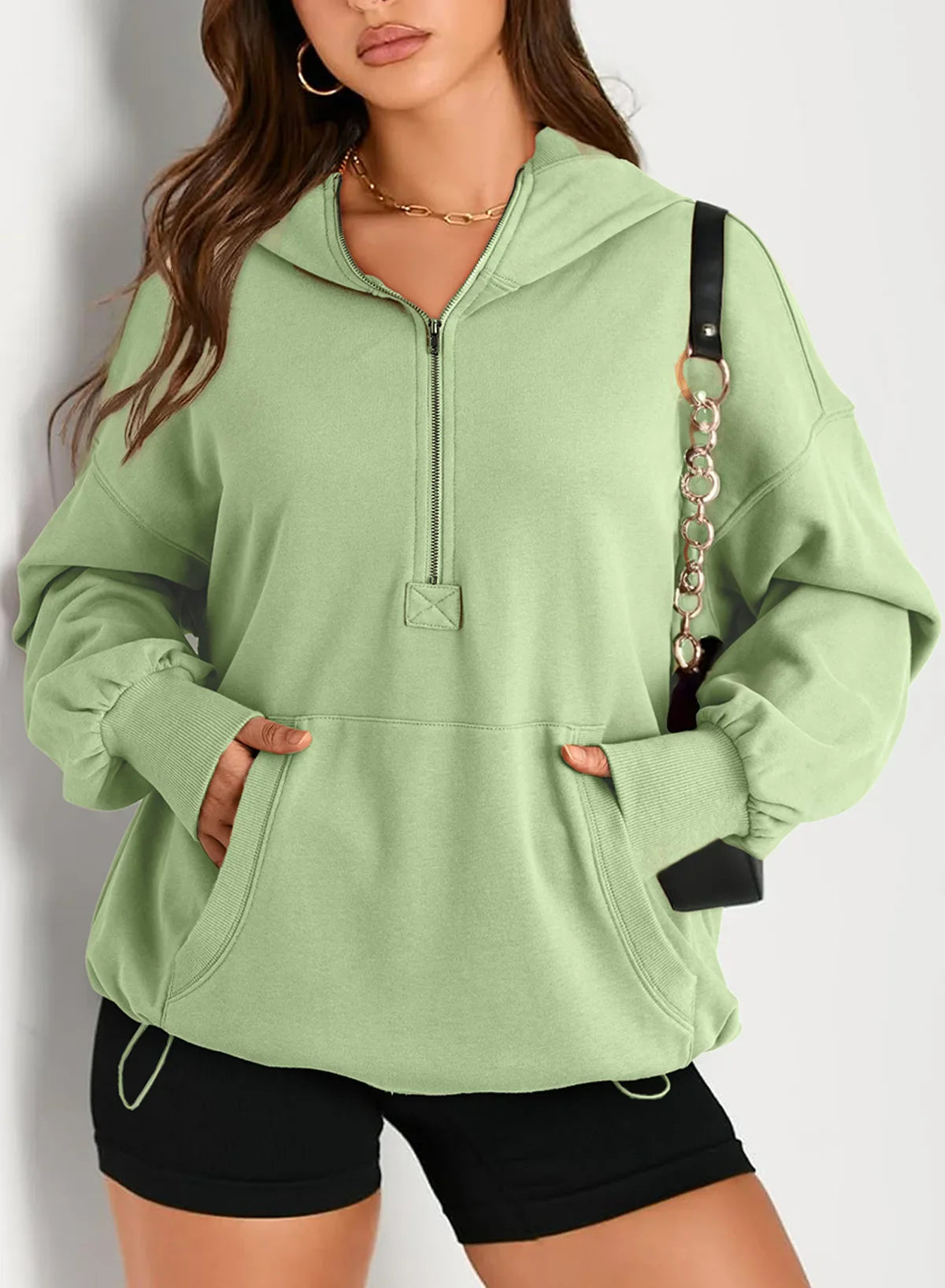 Sweatshirts & Hoodies- Kangaroo Pouch Half Zip up Women Hoodie- - IndioGear.com