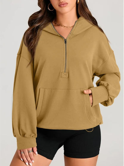 Sweatshirts & Hoodies- Kangaroo Pouch Half Zip up Women Hoodie- - IndioGear.com