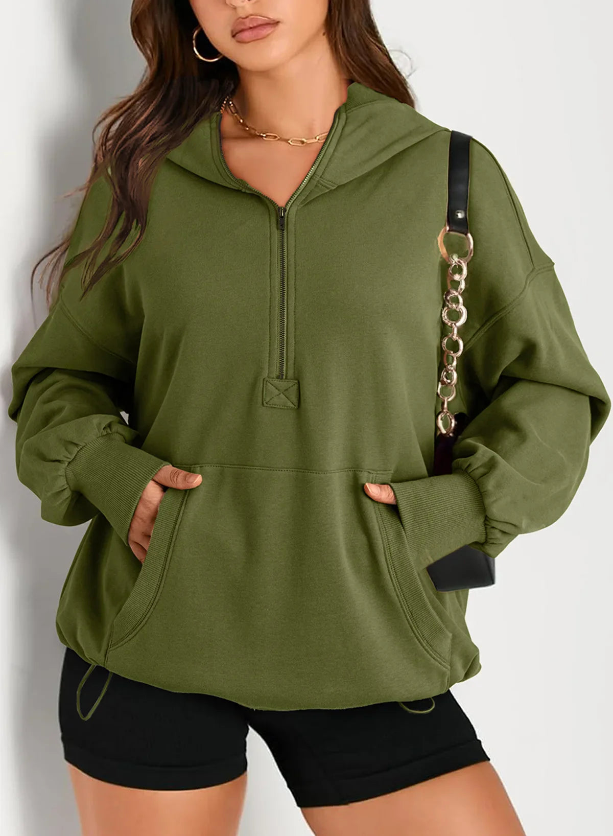 Sweatshirts & Hoodies- Kangaroo Pouch Half Zip up Women Hoodie- - IndioGear.com