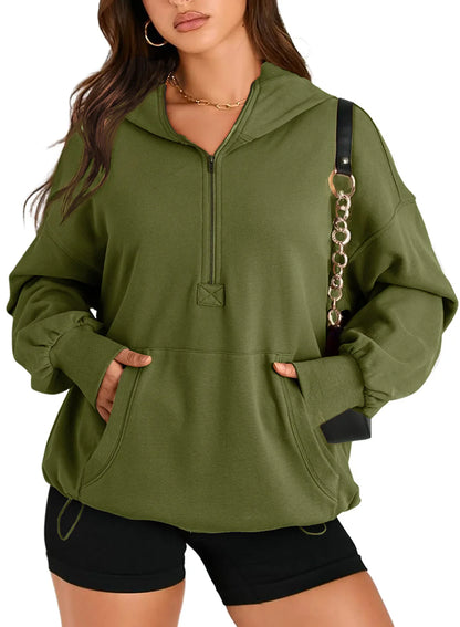 Sweatshirts & Hoodies- Kangaroo Pouch Half Zip up Women Hoodie- - IndioGear.com