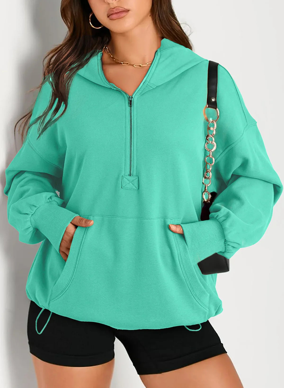 Sweatshirts & Hoodies- Kangaroo Pouch Half Zip up Women Hoodie- - IndioGear.com