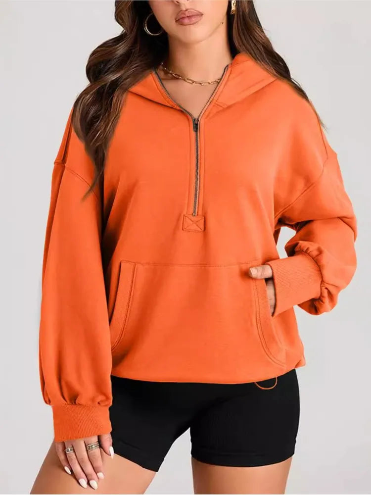 Sweatshirts & Hoodies- Kangaroo Pouch Half Zip up Women Hoodie- - IndioGear.com