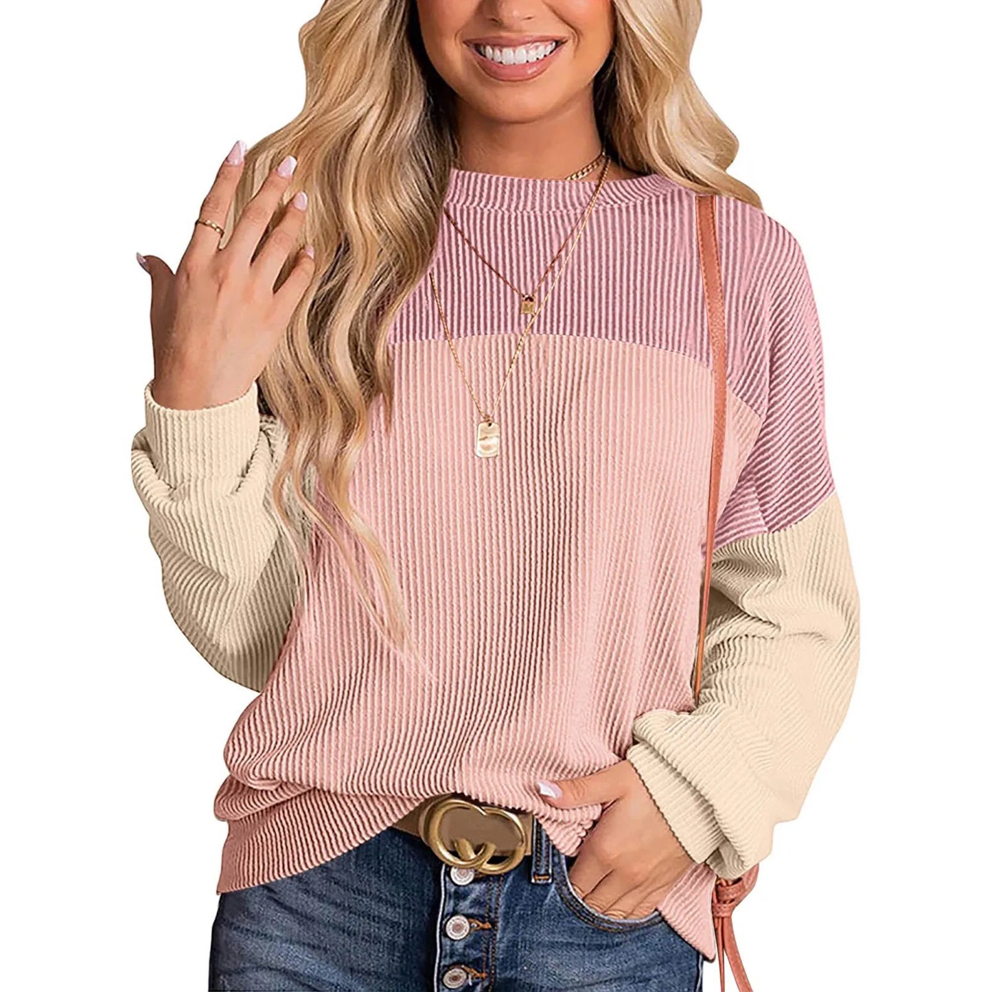 Sweatshirts & Hoodies- Modern Ribbed Dropped Shoulder Color Block Sweatshirt- Light Pink- IndioGear.com