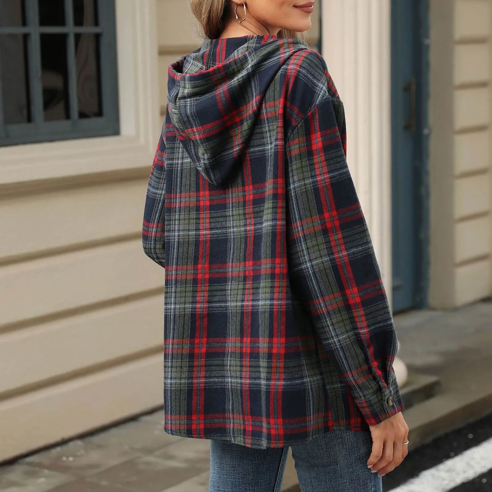 Sweatshirts & Hoodies- Plaid Flannel Hooded Pullover Tops- - IndioGear.com