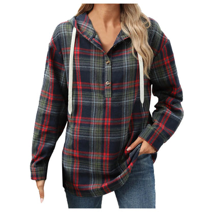 Sweatshirts & Hoodies- Plaid Flannel Hooded Pullover Tops- - IndioGear.com