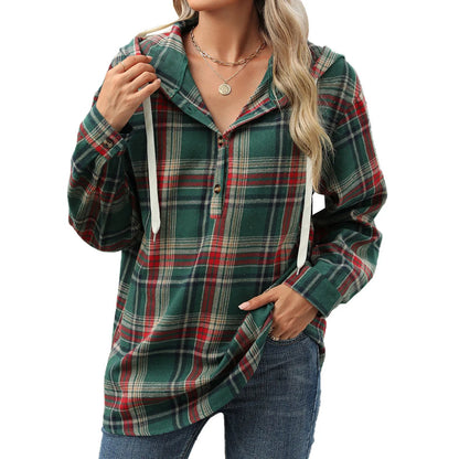 Sweatshirts & Hoodies- Plaid Flannel Hooded Pullover Tops- Green- IndioGear.com