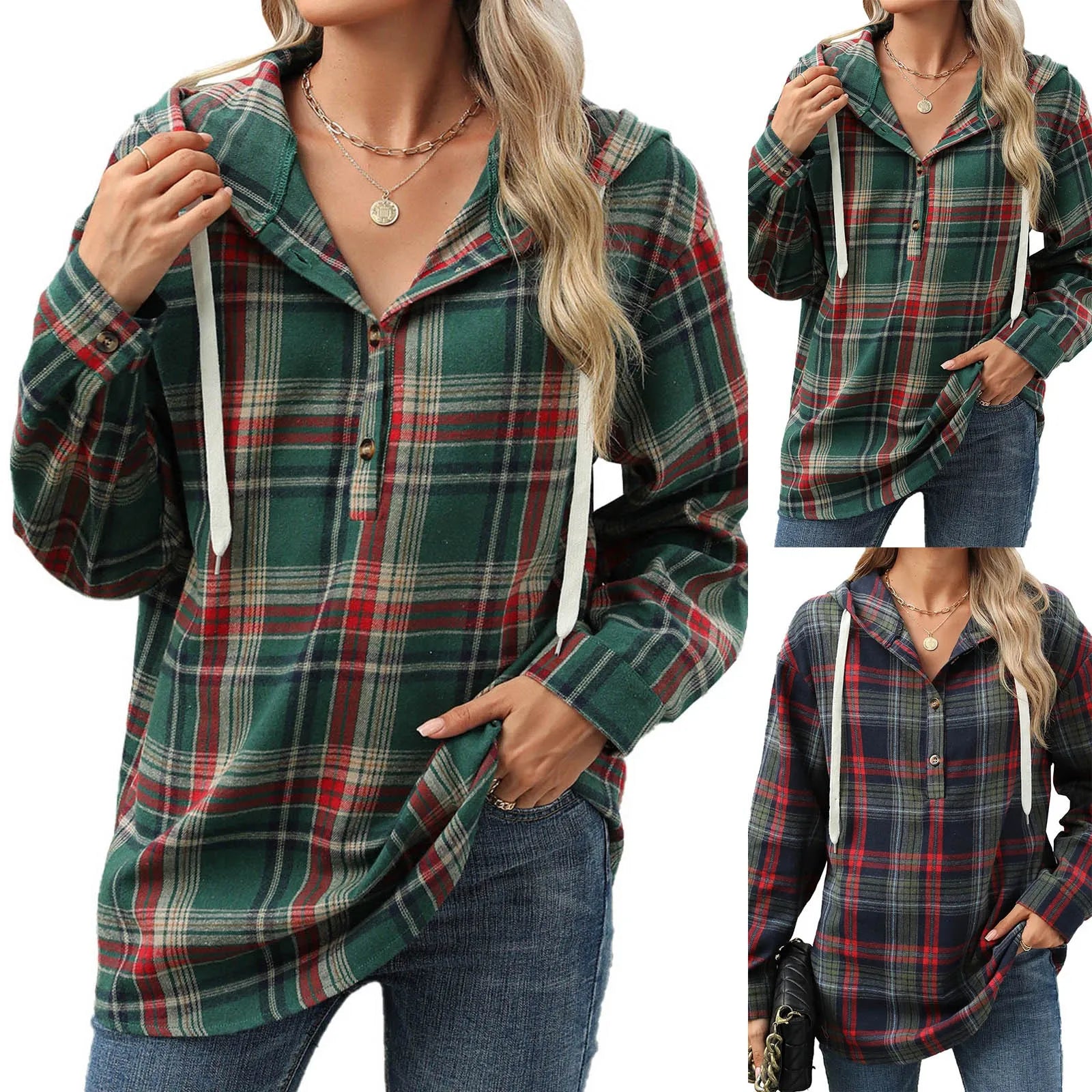 Sweatshirts & Hoodies- Plaid Flannel Hooded Pullover Tops- - IndioGear.com