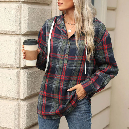 Sweatshirts & Hoodies- Plaid Flannel Hooded Pullover Tops- - IndioGear.com