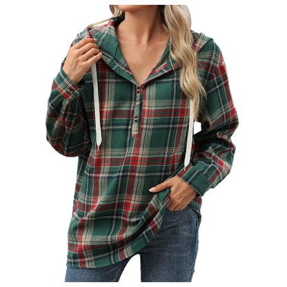 Sweatshirts & Hoodies- Plaid Flannel Hooded Pullover Tops- - IndioGear.com