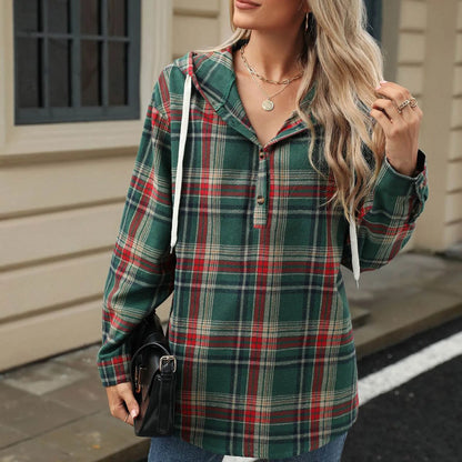 Sweatshirts & Hoodies- Plaid Flannel Hooded Pullover Tops- - IndioGear.com