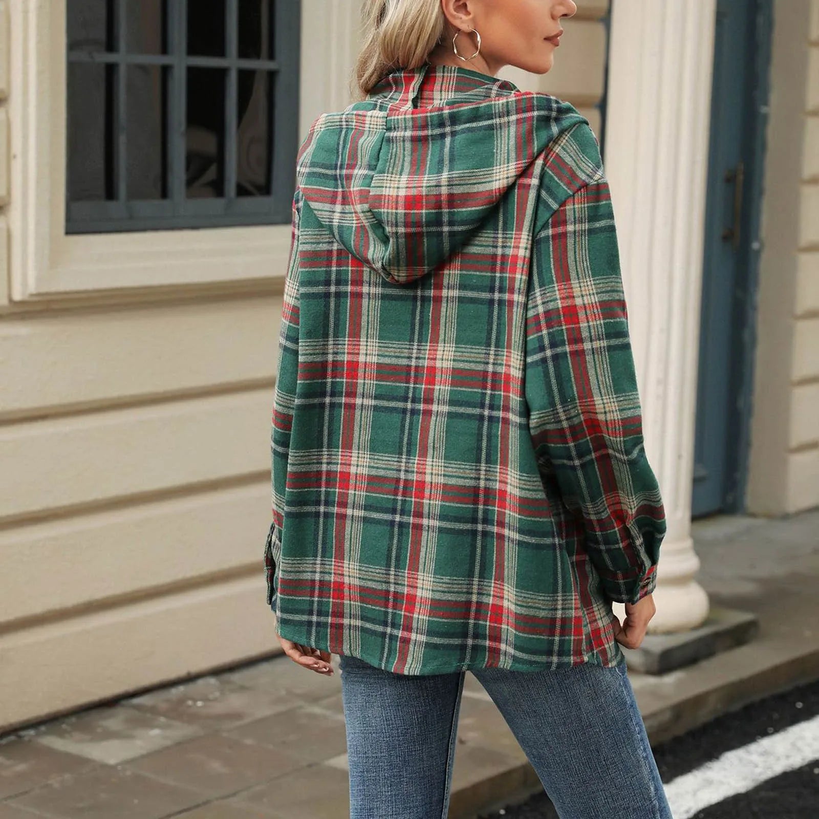 Sweatshirts & Hoodies- Plaid Flannel Hooded Pullover Tops- - IndioGear.com