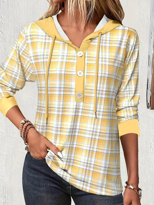 Sweatshirts- Lightweight Hooded Plaid Shirt Buttoned Sweatshirt- Bee Pollen- IndioGear.com