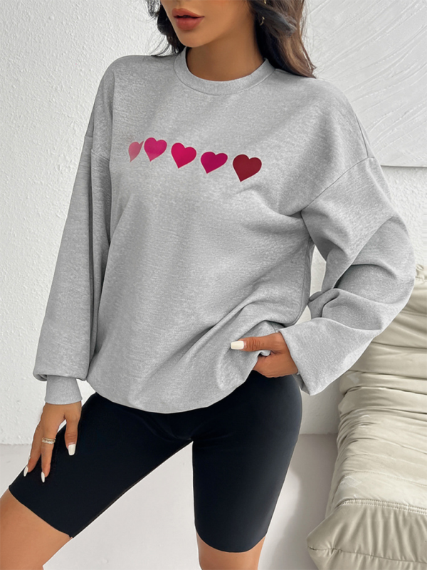 Sweatshirts- Lively Hearts Print Oversized Gray Sweatshirts- - IndioGear.com