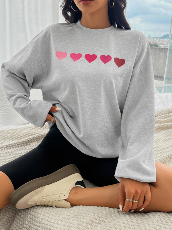 Sweatshirts- Lively Hearts Print Oversized Gray Sweatshirts- - IndioGear.com