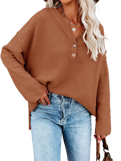 Sweatshirts- Oversized Henley Sweater Autumn Sweatshirt- Brown- IndioGear.com