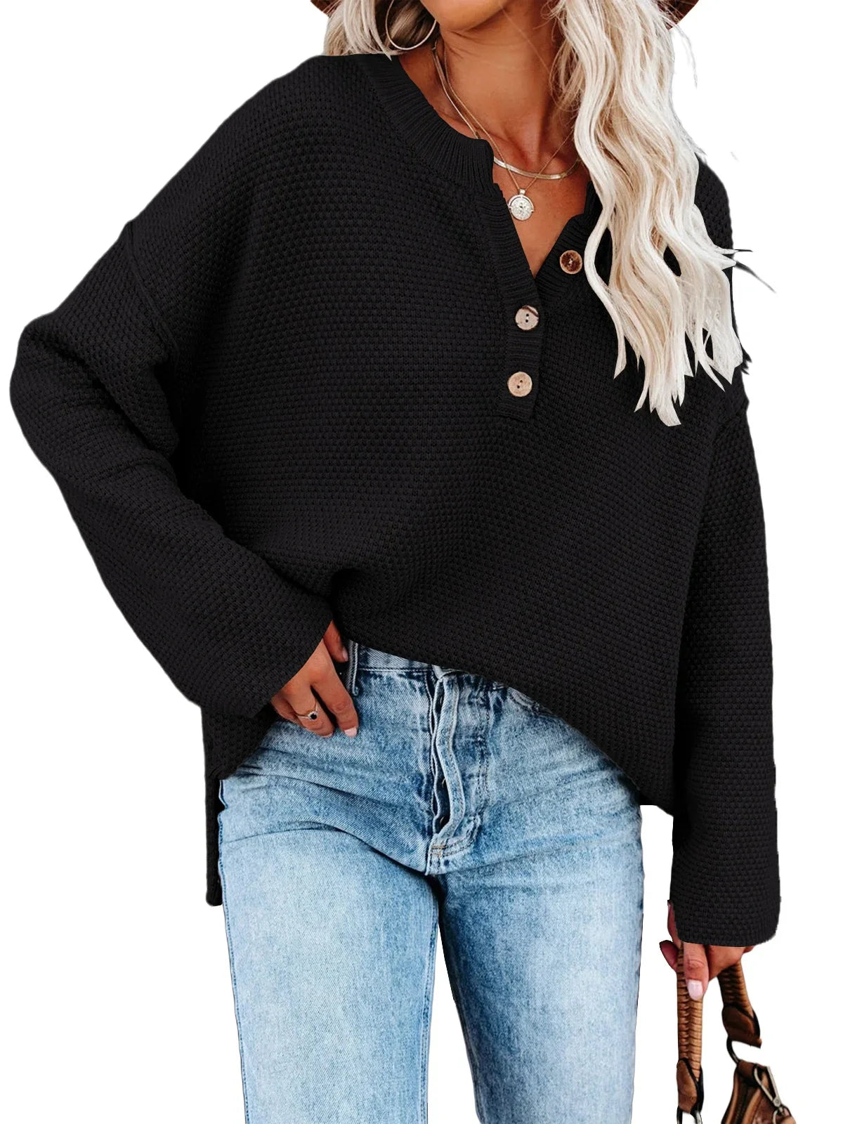 Sweatshirts- Oversized Henley Sweater Autumn Sweatshirt- Black- IndioGear.com