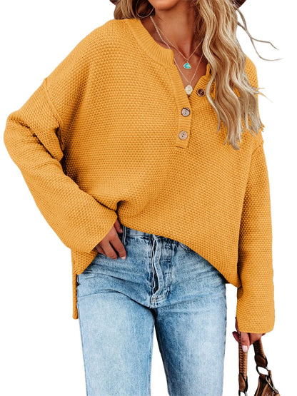 Sweatshirts- Oversized Henley Sweater Autumn Sweatshirt- Yellow- IndioGear.com