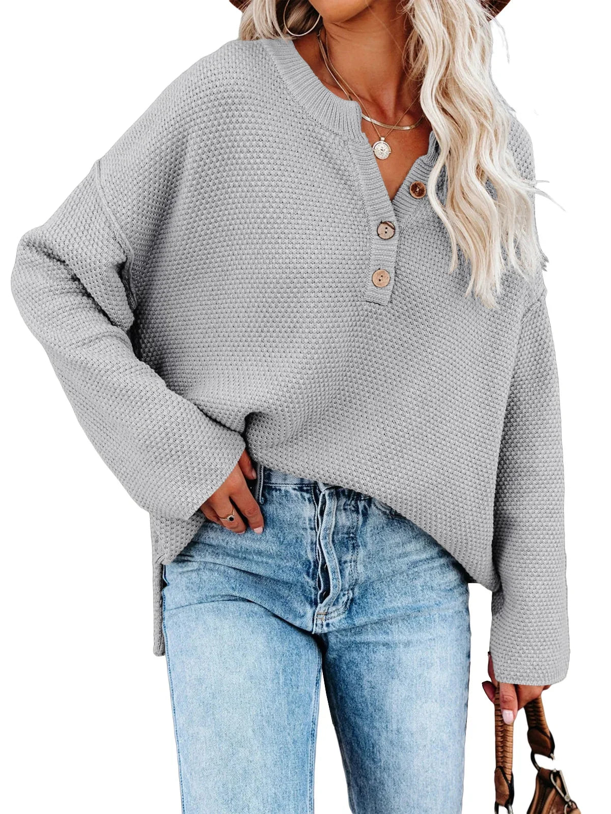 Sweatshirts- Oversized Henley Sweater Autumn Sweatshirt- Gray- IndioGear.com