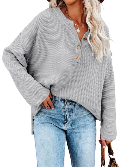 Sweatshirts- Oversized Henley Sweater Autumn Sweatshirt- Gray- IndioGear.com