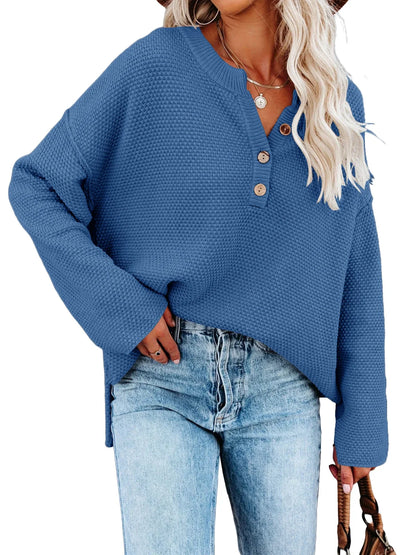 Sweatshirts- Oversized Henley Sweater Autumn Sweatshirt- Blue- IndioGear.com