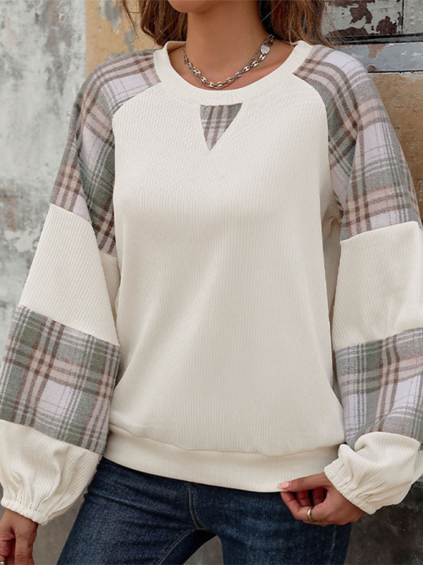 Sweatshirts- Plaid-Accent Pullover Patchwork Sweatshirt for Women- - IndioGear.com