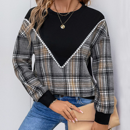 Sweatshirts- Plaid Contrast Patchwork Fall Sweatshirt- Black- IndioGear.com