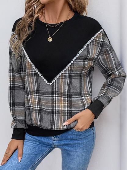 Sweatshirts- Plaid Contrast Patchwork Fall Sweatshirt- - IndioGear.com