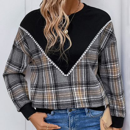 Sweatshirts- Plaid Contrast Patchwork Fall Sweatshirt- - IndioGear.com