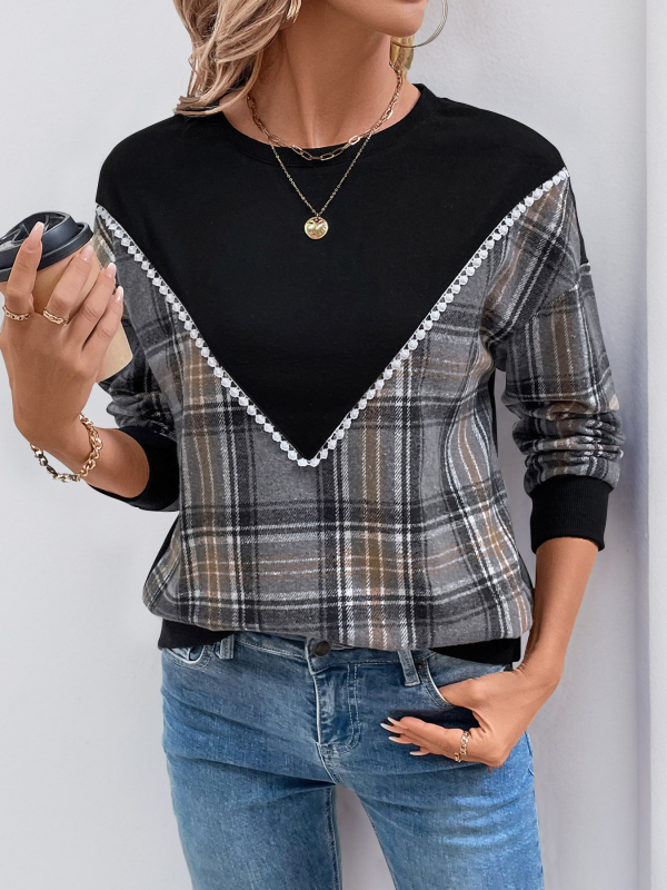 Sweatshirts- Plaid Contrast Patchwork Fall Sweatshirt- - IndioGear.com