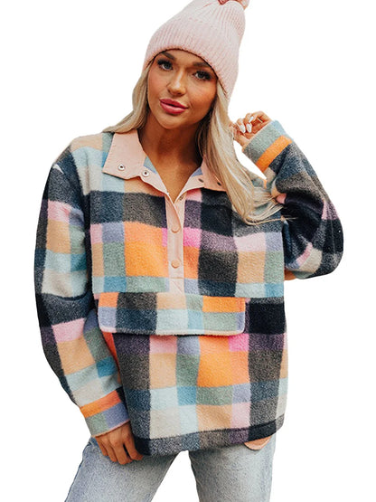 Sweatshirts- Plaid Fleece Quarter-Zip Pullovers- - IndioGear.com