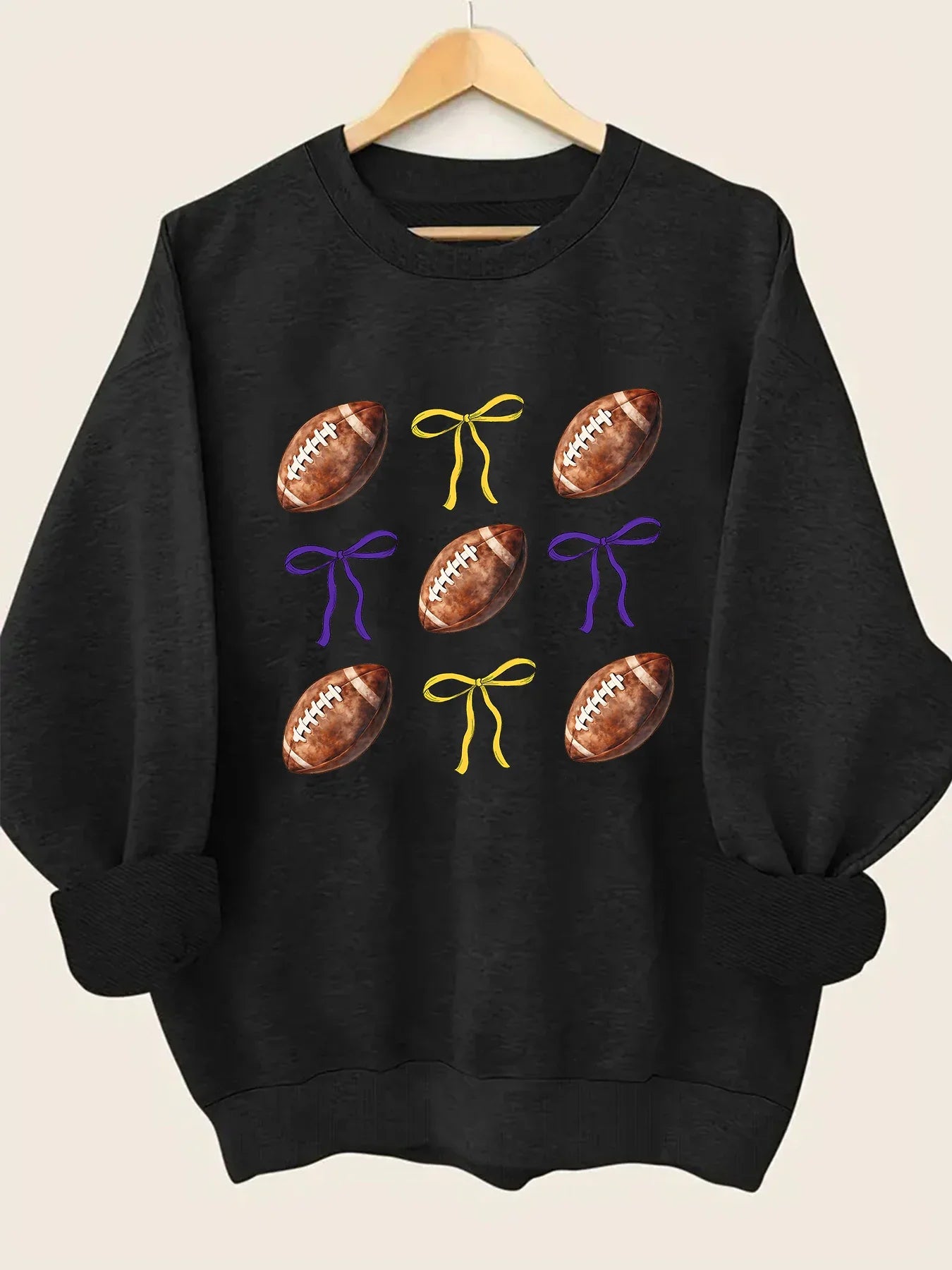 Sweatshirts- Sporty Football Print Motifs Girly Crewneck Sweatshirt- Black- IndioGear.com