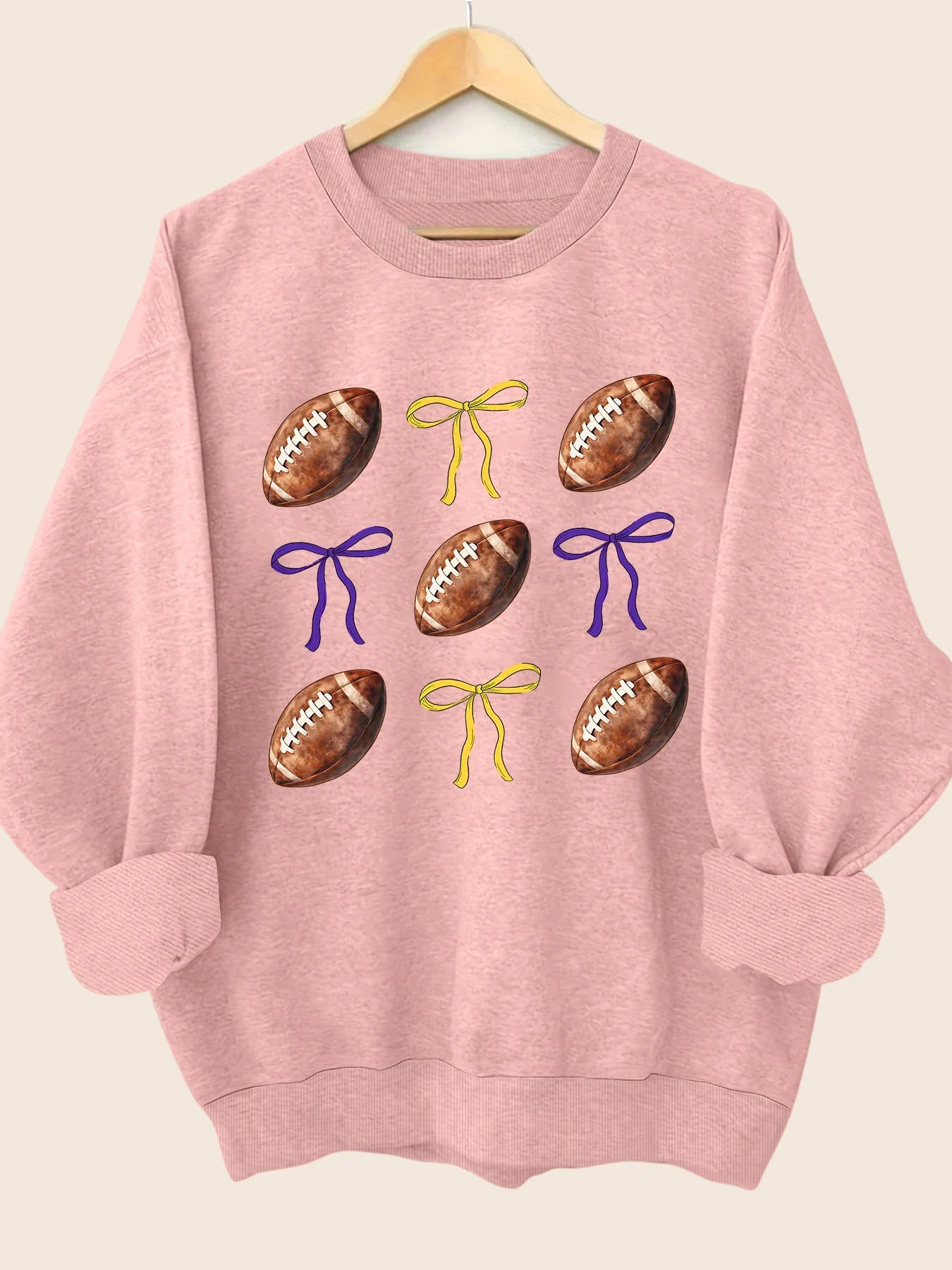 Sweatshirts- Sporty Football Print Motifs Girly Crewneck Sweatshirt- Pink- IndioGear.com