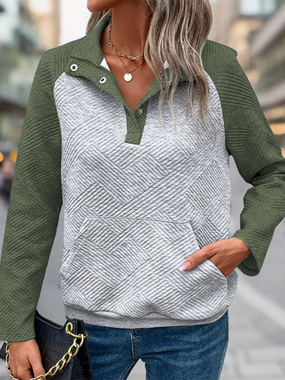 Sweatshirts- Women Quilted Herringbone Pullover for Everyday Wear- Olive green- IndioGear.com