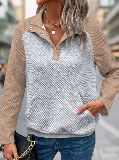 Sweatshirts- Women Quilted Herringbone Pullover for Everyday Wear- Khaki- IndioGear.com