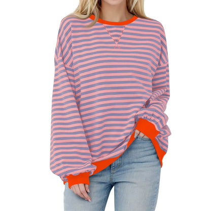 Sweatshirts- Women's Sporty Striped Drop Shoulder Sweatshirt- Saffron- IndioGear.com