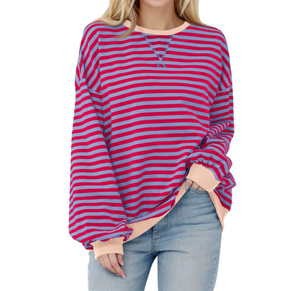 Sweatshirts- Women's Sporty Striped Drop Shoulder Sweatshirt- Purple Pink- IndioGear.com