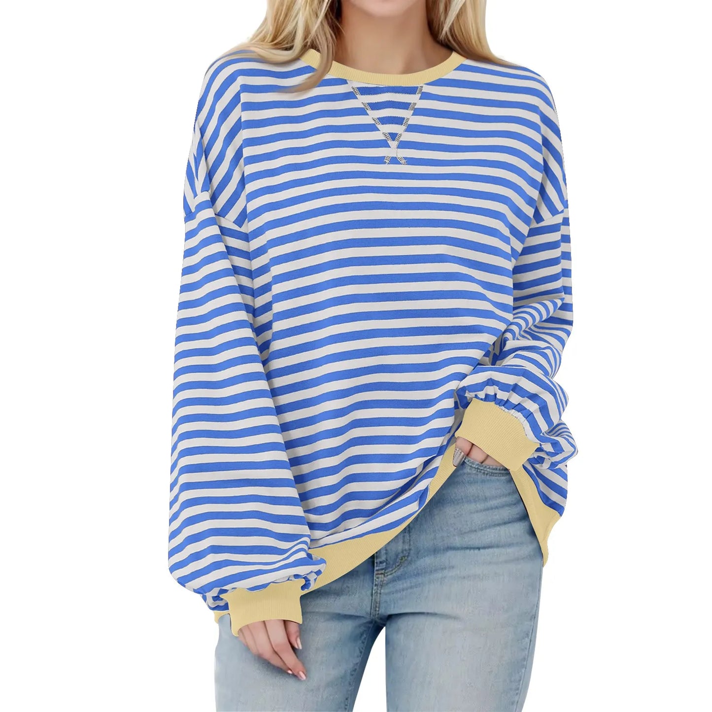 Sweatshirts- Women's Sporty Striped Drop Shoulder Sweatshirt- Light Blue- IndioGear.com