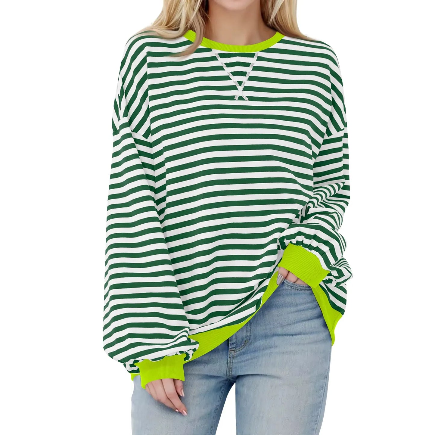 Sweatshirts- Women's Sporty Striped Drop Shoulder Sweatshirt- Light Green- IndioGear.com