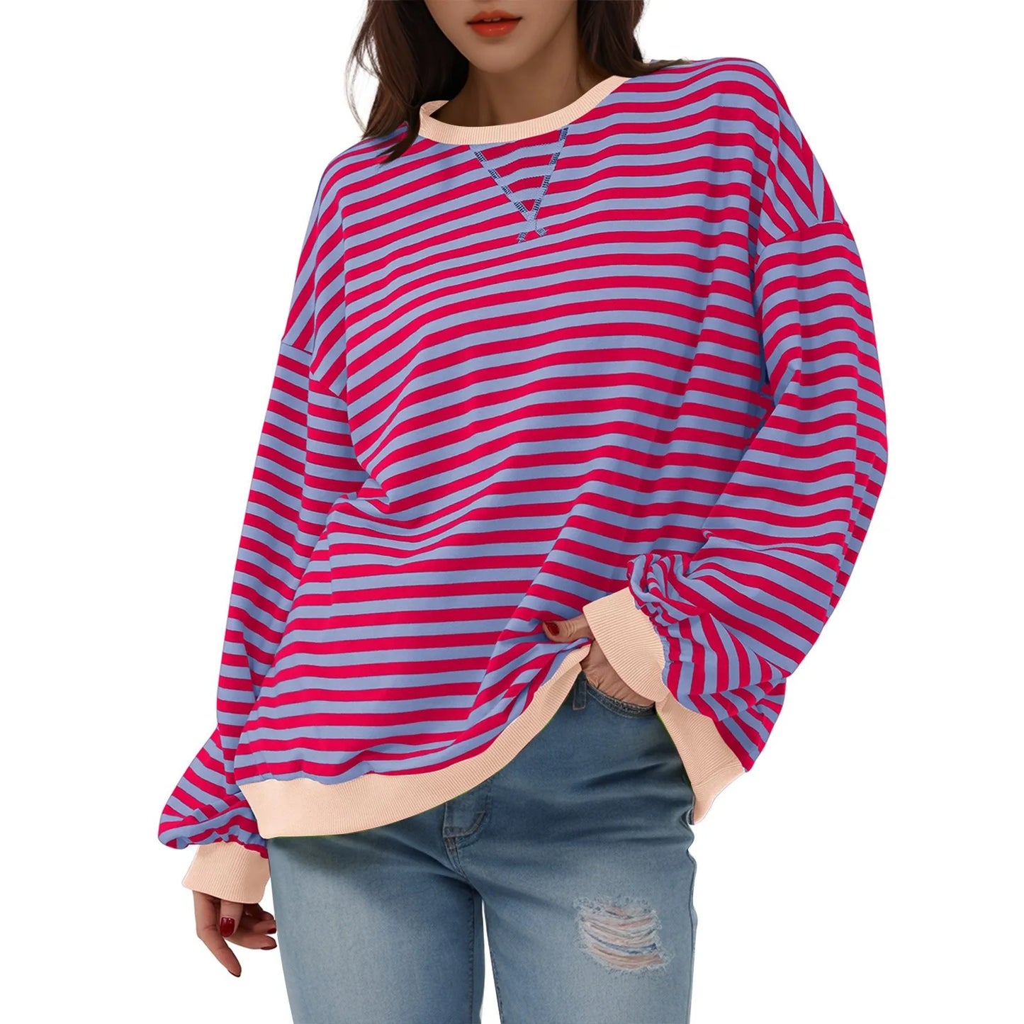 Sweatshirts- Women's Sporty Striped Drop Shoulder Sweatshirt- - IndioGear.com