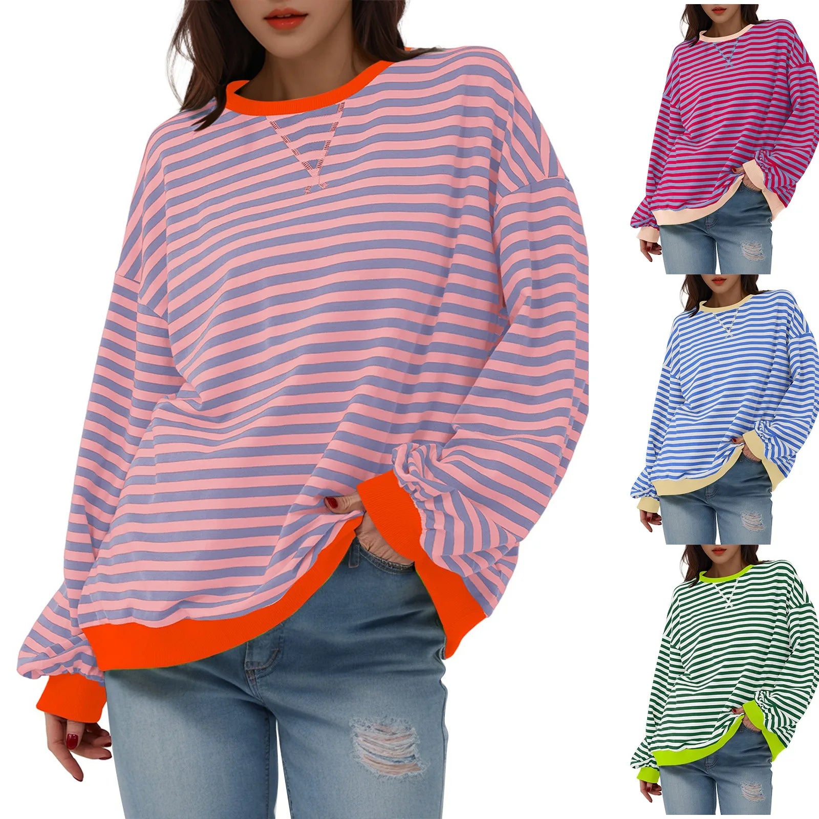 Sweatshirts- Women's Sporty Striped Drop Shoulder Sweatshirt- - IndioGear.com